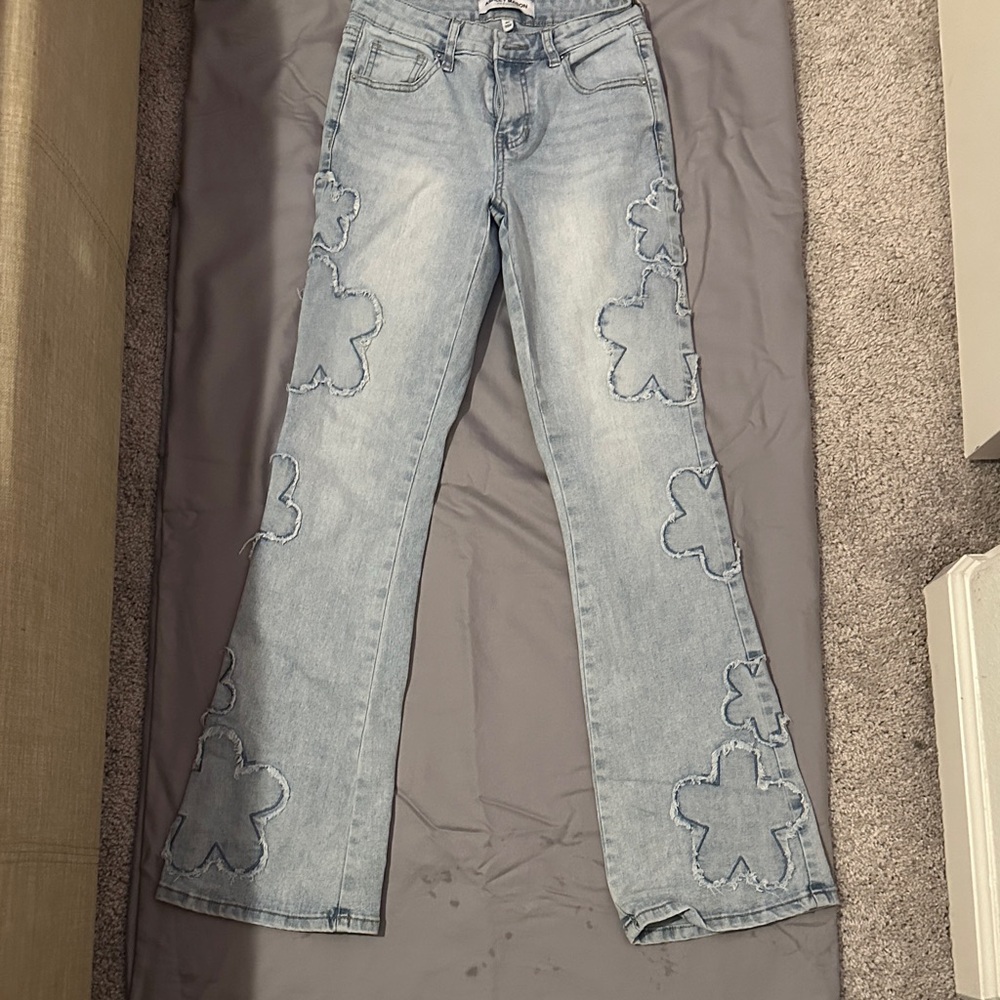 Ashley Mason Light Blue Floral Patch Flare Jeans